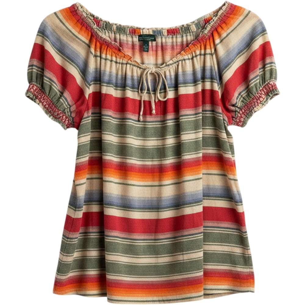 Lauren Ralph Lauren Multi Striped 2X Women Peasant Boho Top